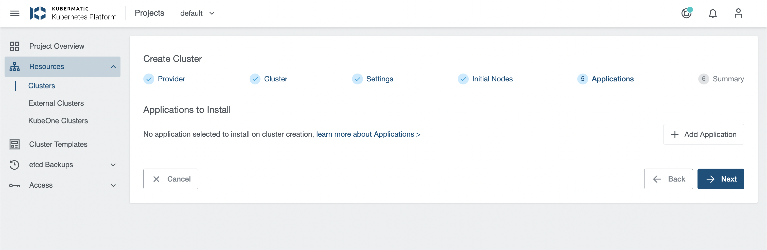 Add Applications to a cluster Settings
