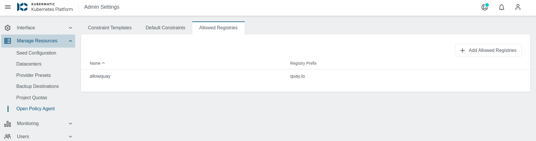 Allowed Registries View