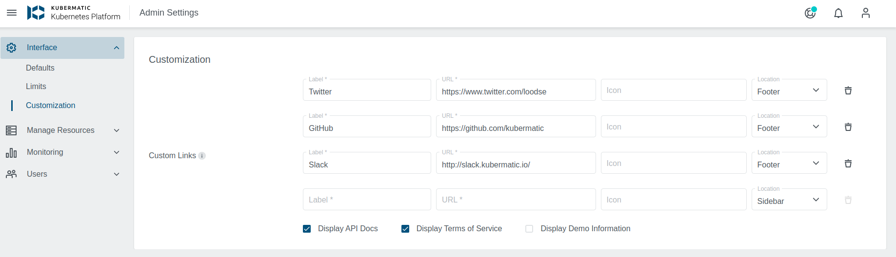 Custom Links Settings Admin Panel