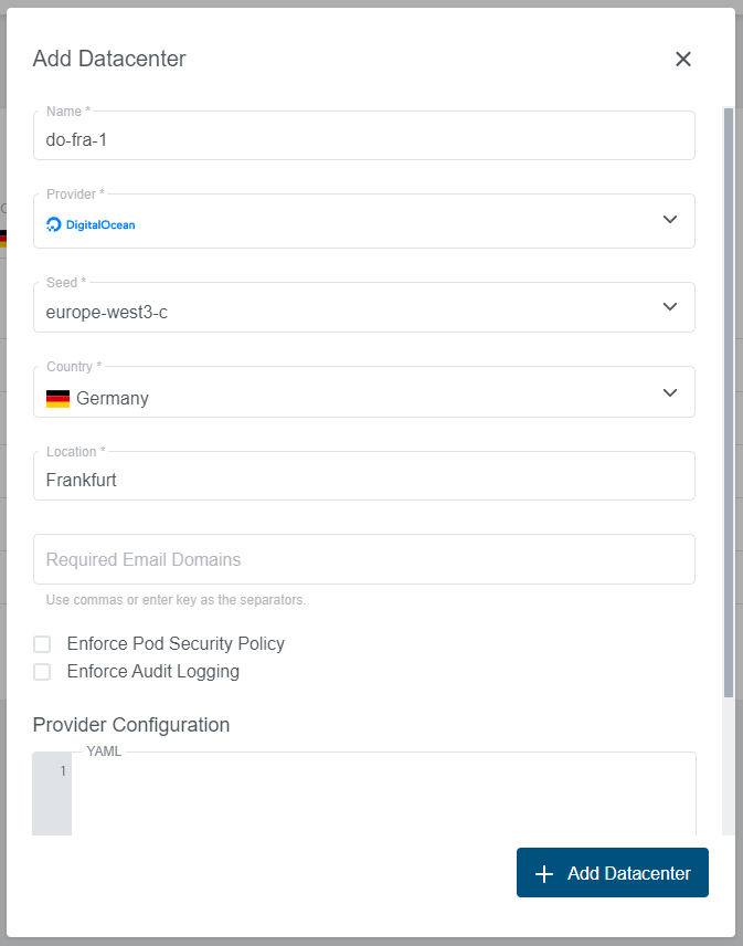 Dynamic Datacenters Add Dialog Add Datacenter