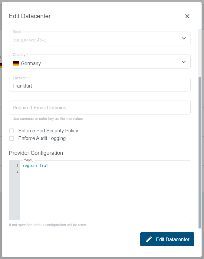 Dynamic Datacenters Edit Dialog Edit Datacenter