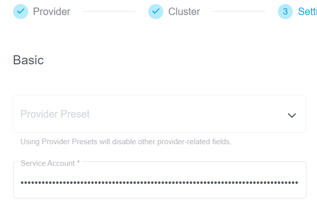 Cluster Wizard Credential Step GCP Service Account Key