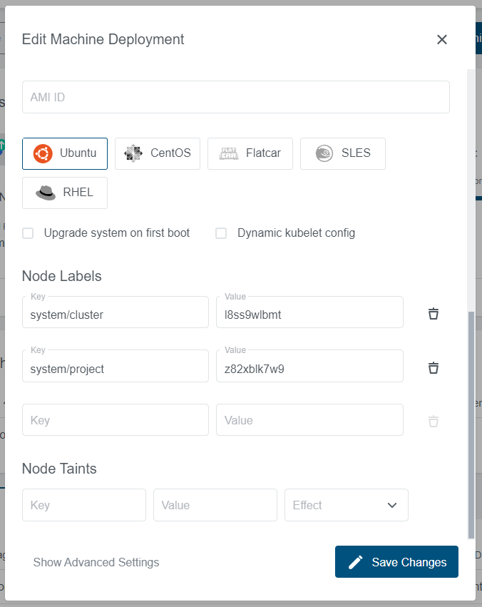 Machine deployment overview with opened edit modal