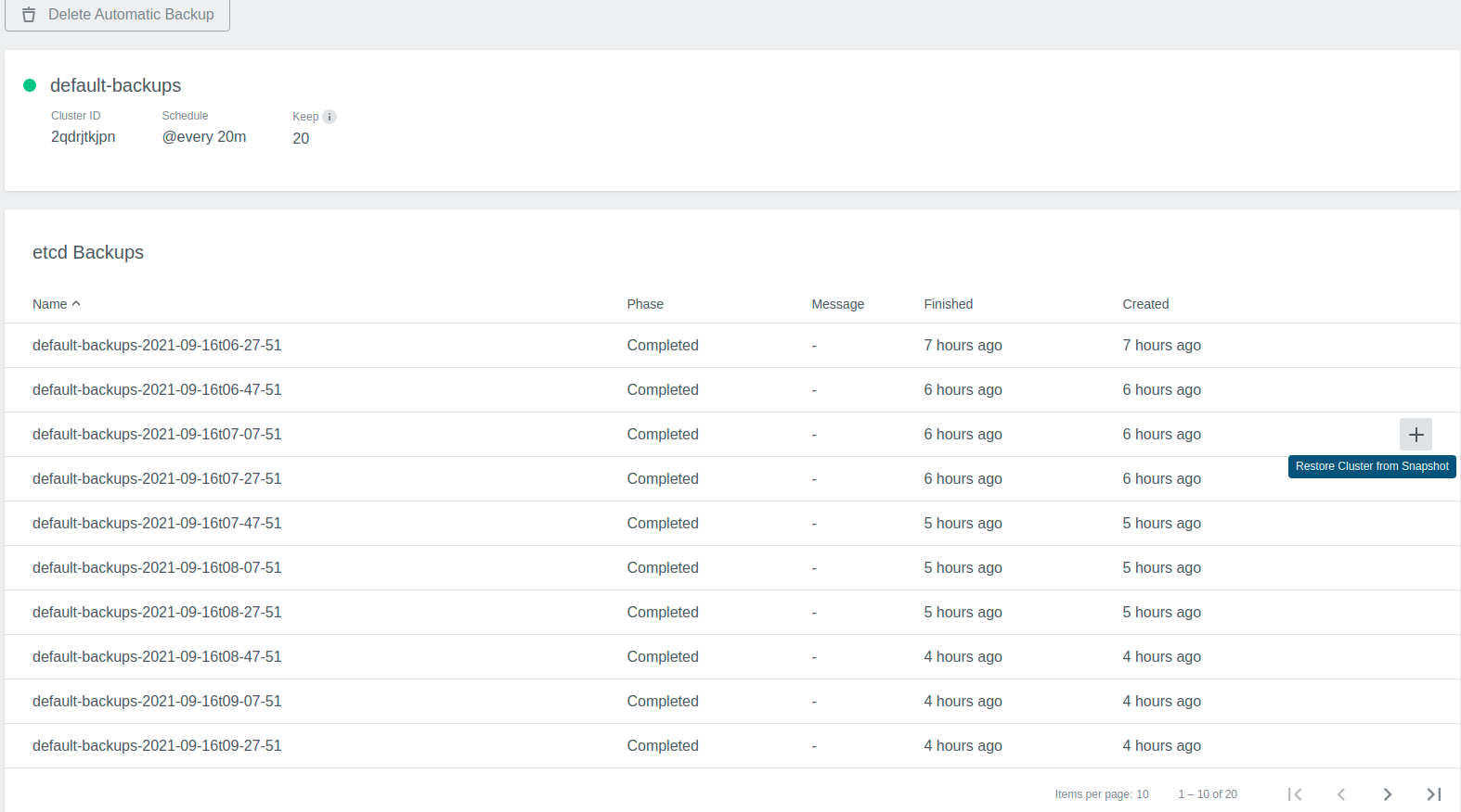 Restore backup button Etcd Backups Restore button