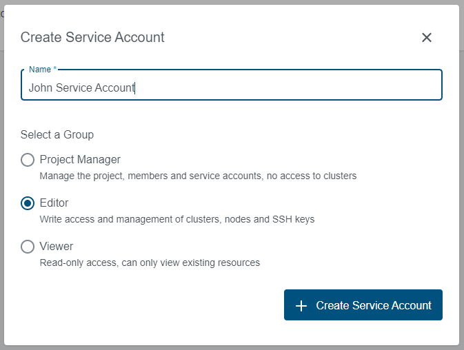 Create Service Account Create Service Account