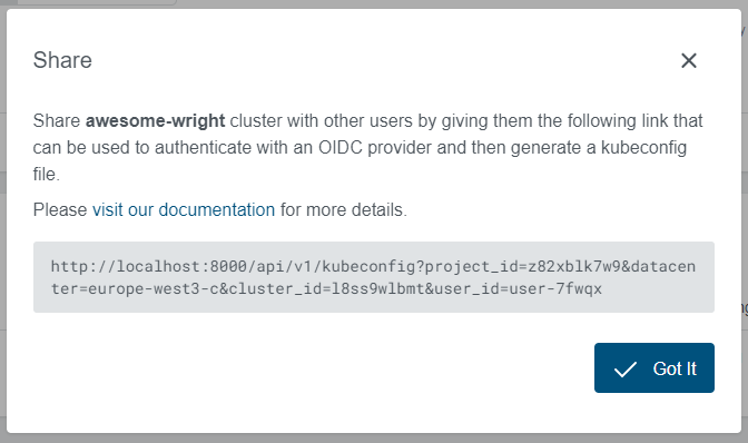 Share cluster dialog Share cluster dialog
