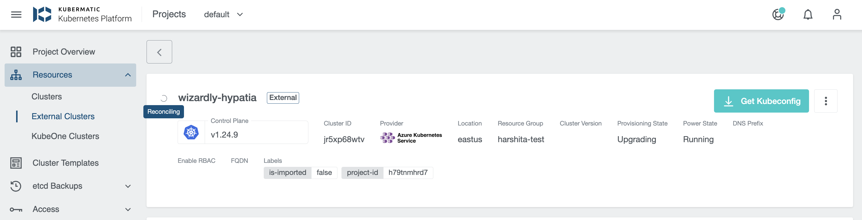 External Cluster Reconciling State