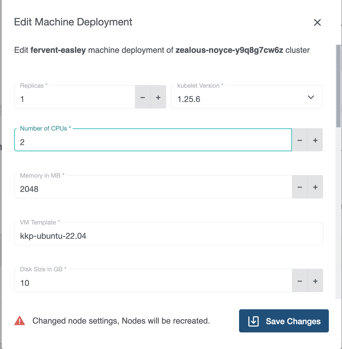 Machine deployment overview with opened edit modal