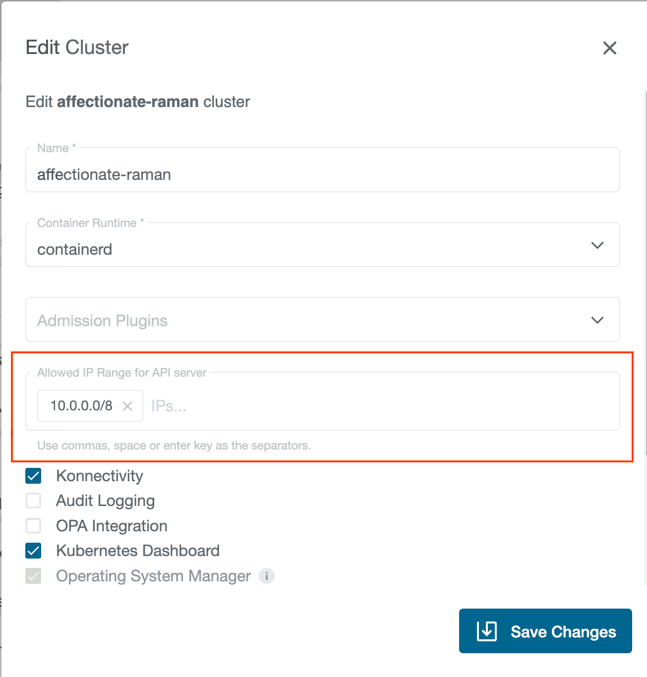 Allowed IP Ranges - Edit Cluster