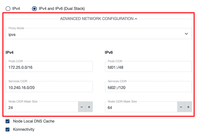 Cluster Settings - Network Configuration - Advanced Dual-Stack Configuration