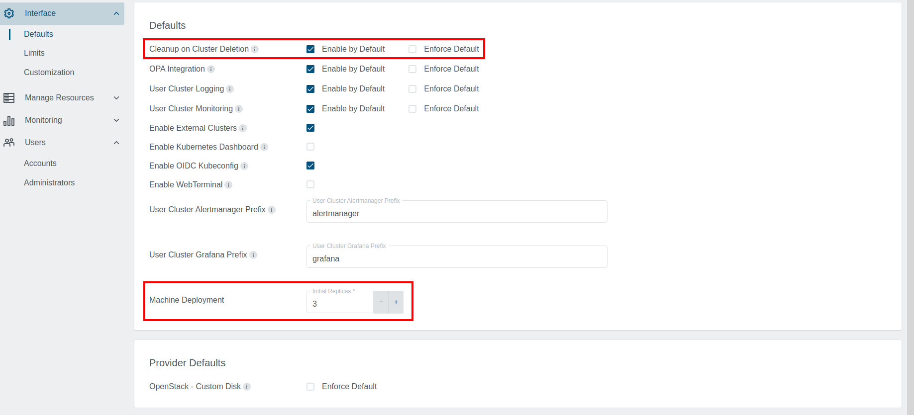 Defaults cluster settings