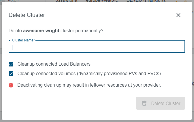 Cluster delete dialog