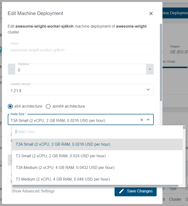 Machine deployment overview with opened edit modal