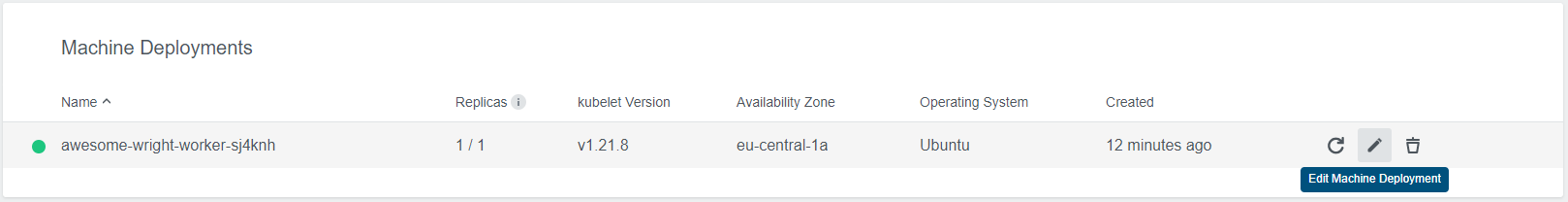 Machine deployment overview with highlighted edit button