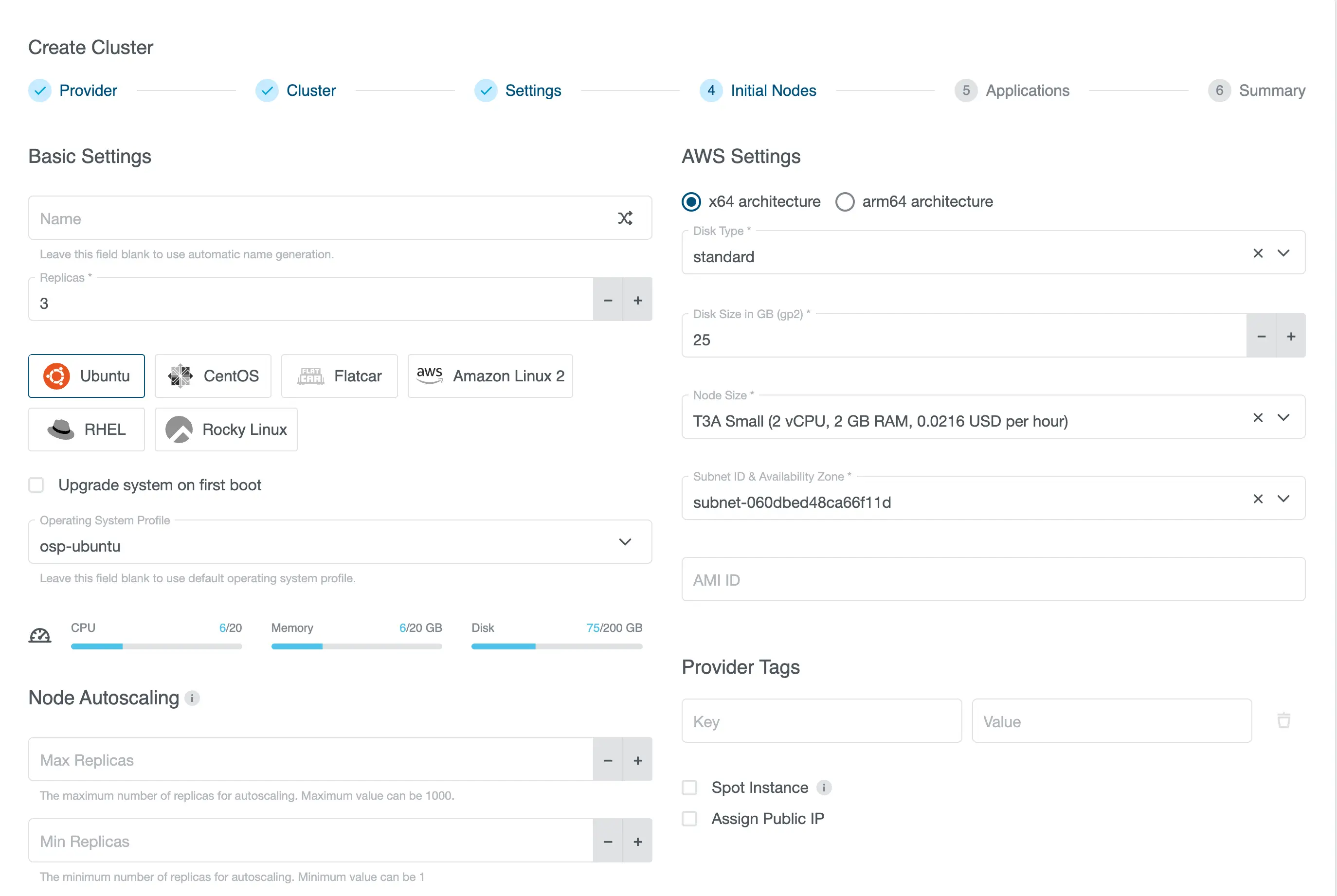 Cluster creation wizard initial nodes step