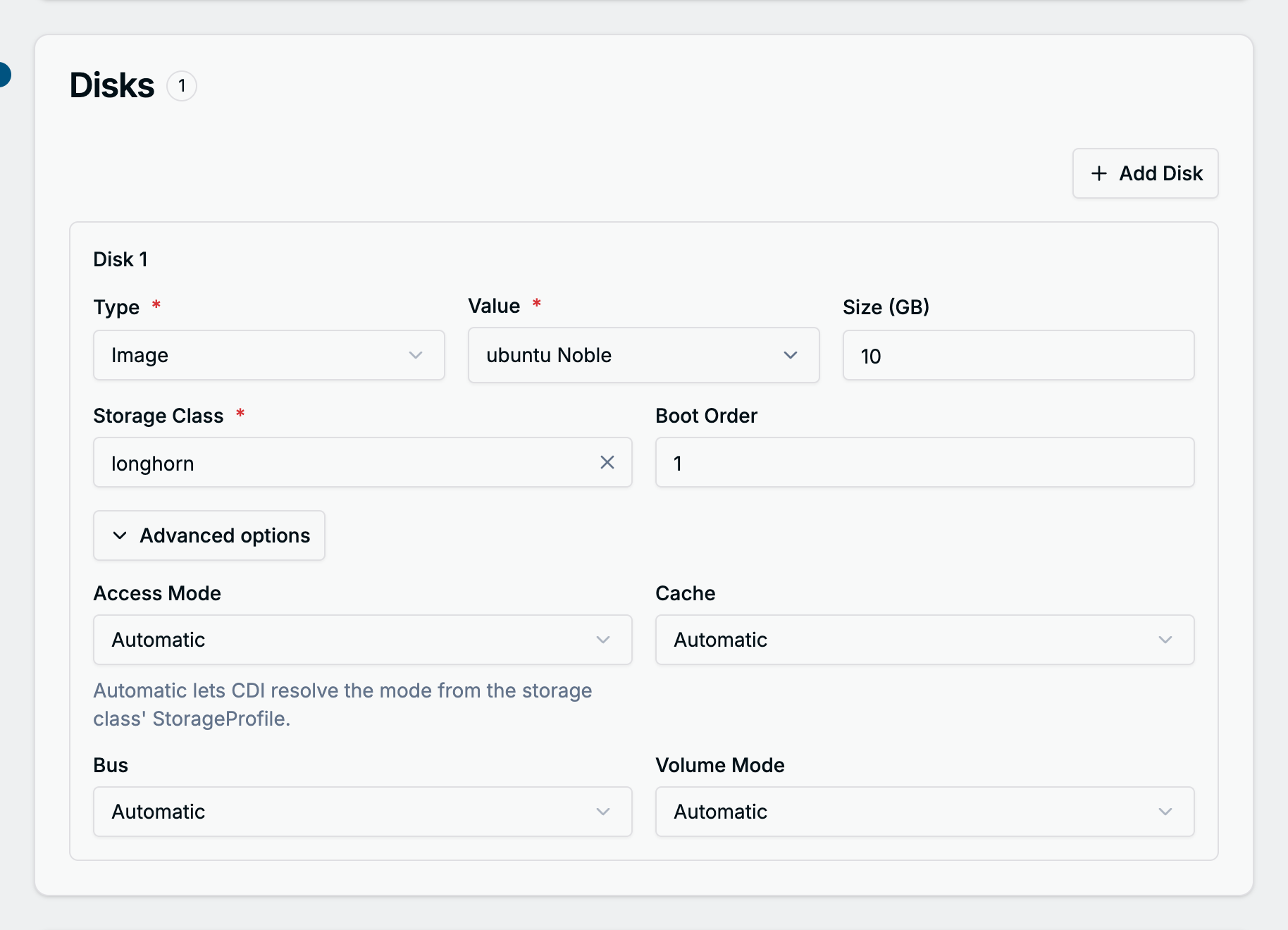 Disk 1 with its advanced options