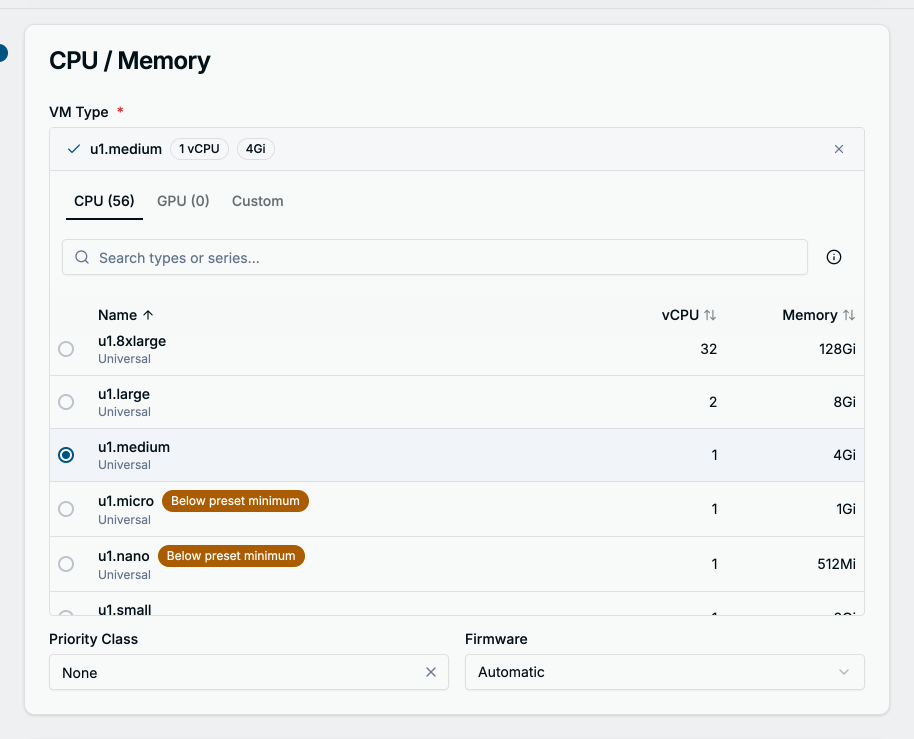 Instance type picker