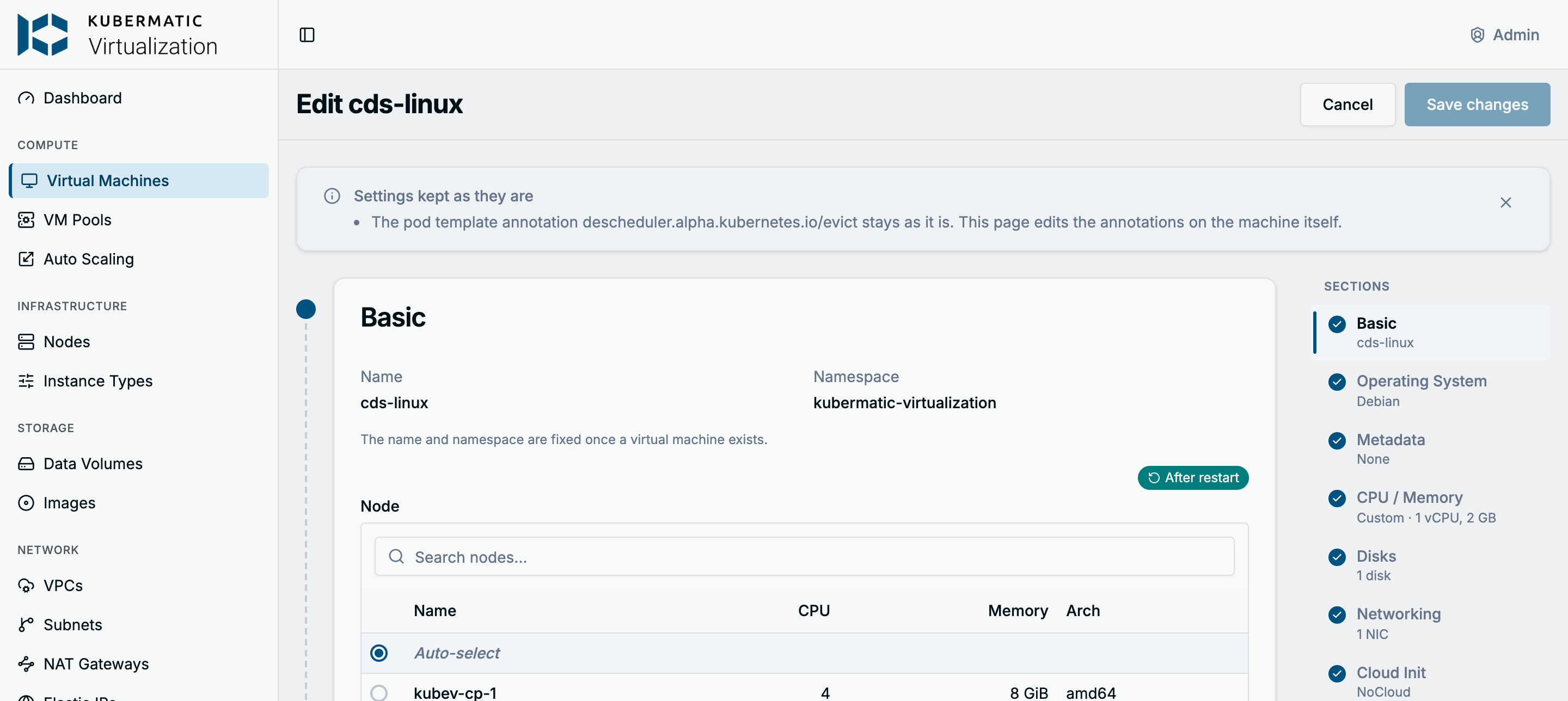 Edit page of a VM