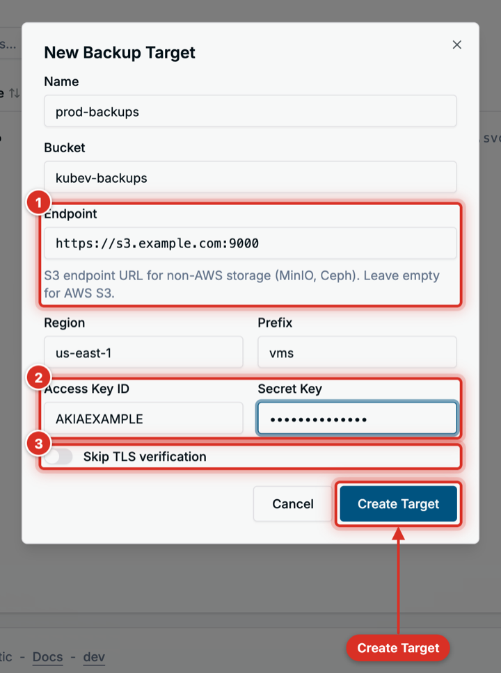 The New Backup Target form: endpoint (1), credentials (2), TLS switch (3) New Backup Target form