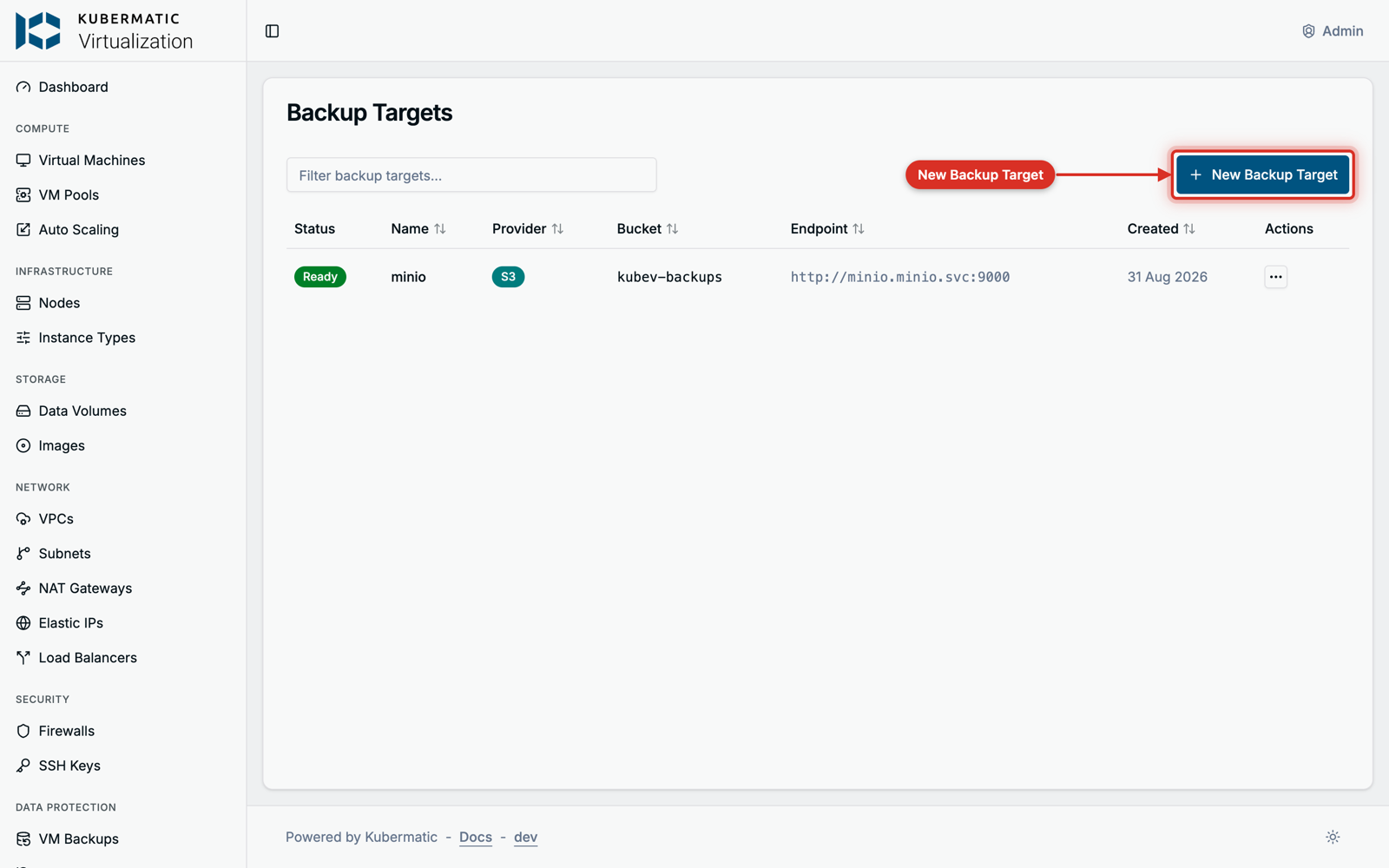 The Backup Targets page and its New Backup Target button Backup Targets page