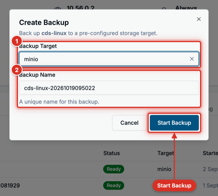 The Create Backup dialog: target (1) and name (2) Create Backup dialog