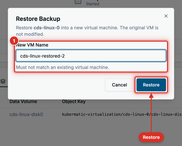 The Restore Backup dialog with the new VM's name (1) Restore Backup dialog