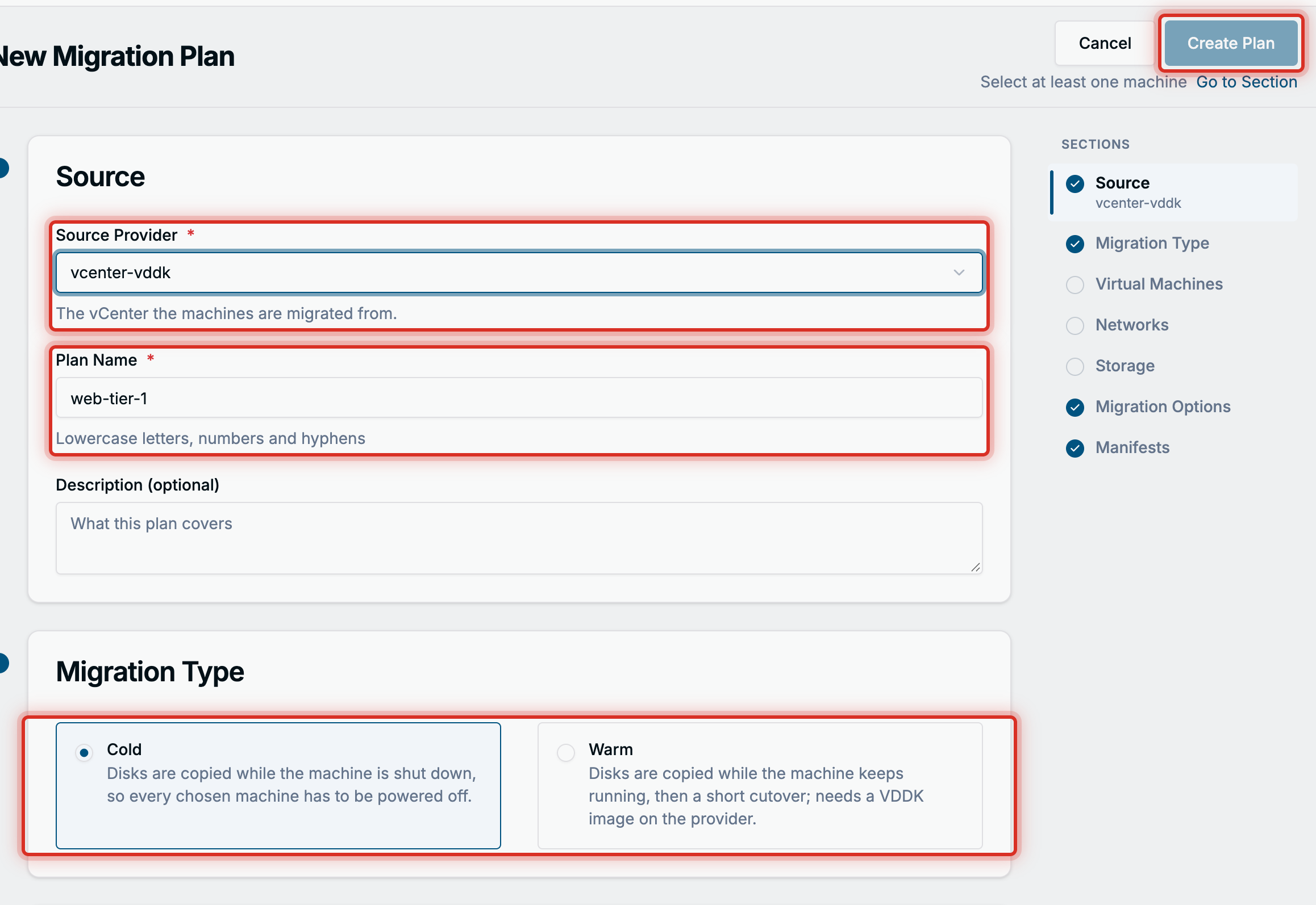 Source and Migration Type sections