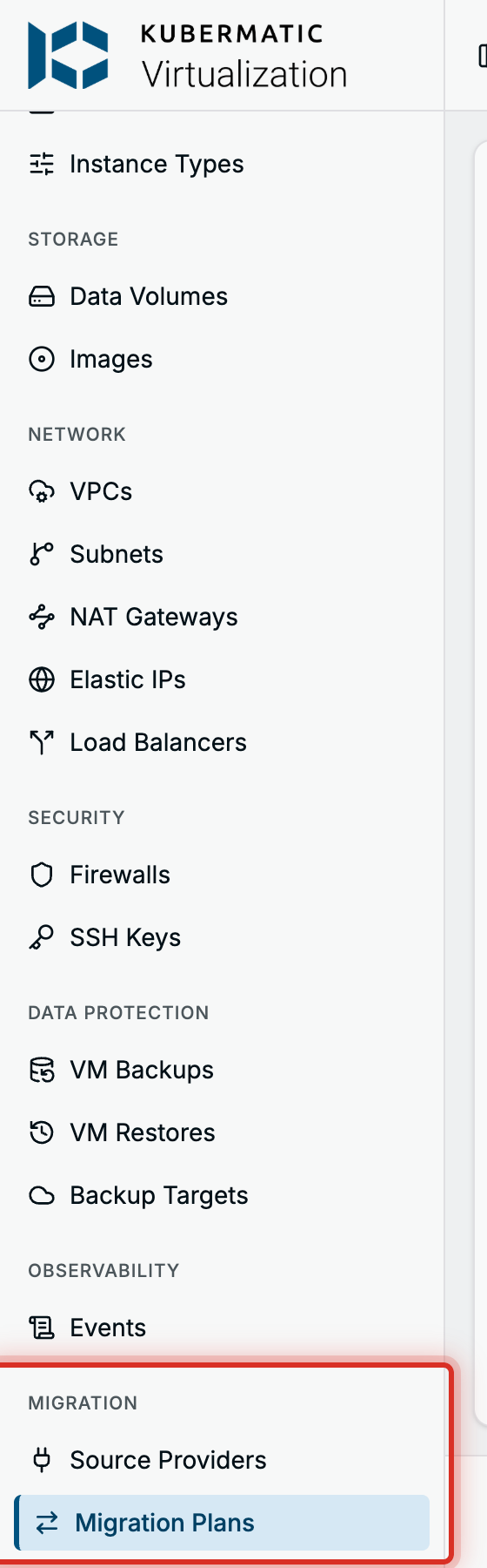 Migration group in the sidebar