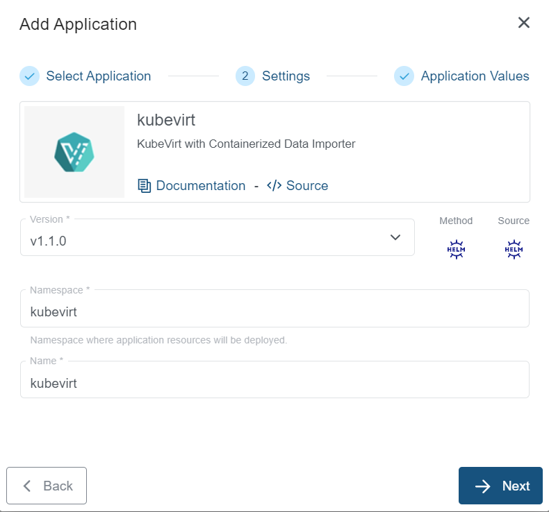 Settings for KubeVirt Application