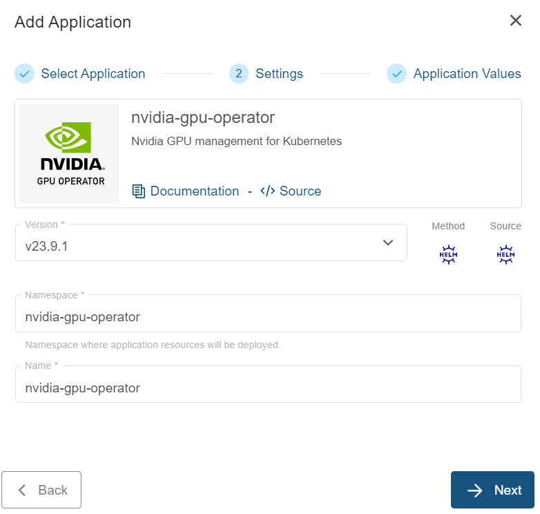 Settings for Nvidia GPU Operator Application