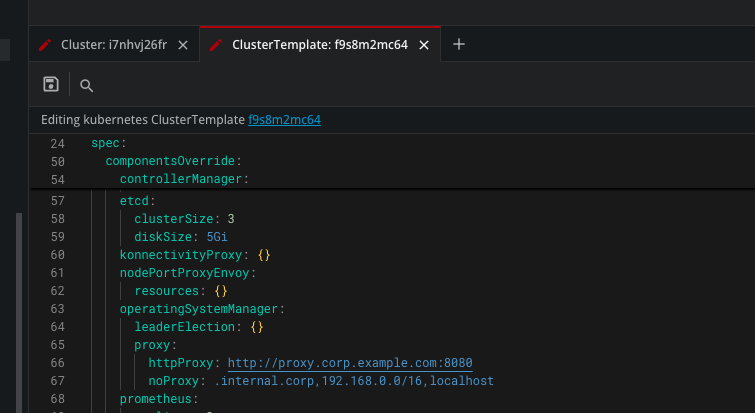 Proxy settings persisted in a cluster template
