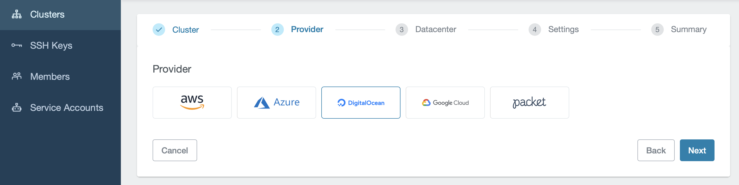Menu to choose cloud provider