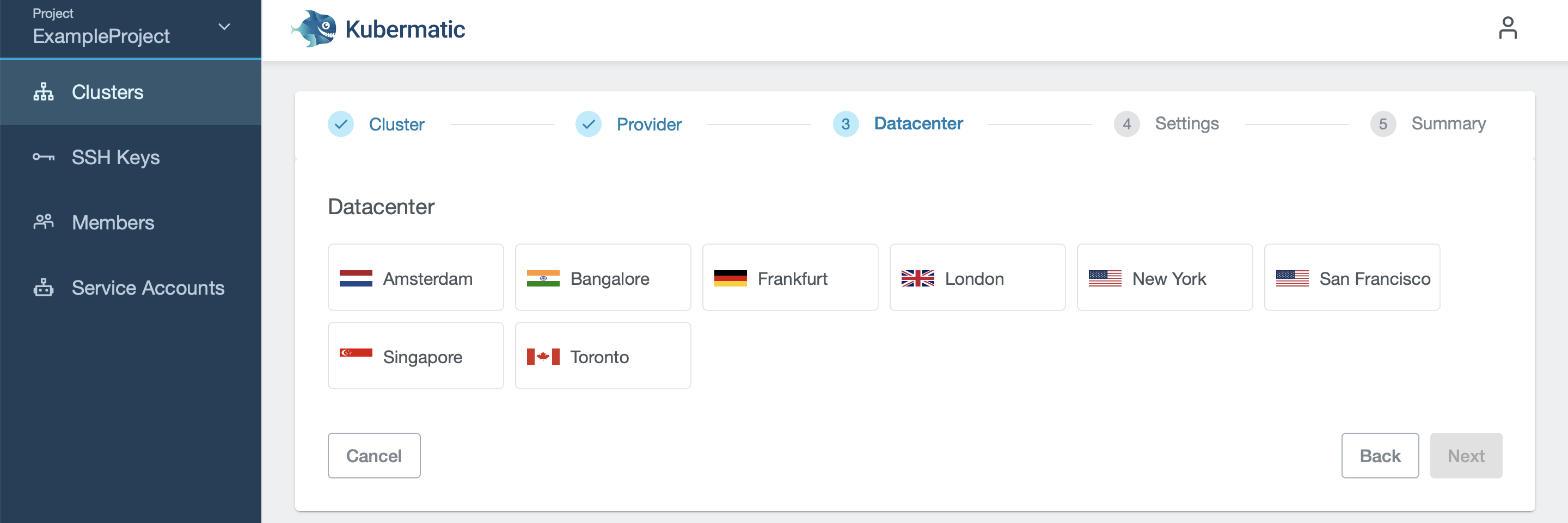 Menu to choose datacenter