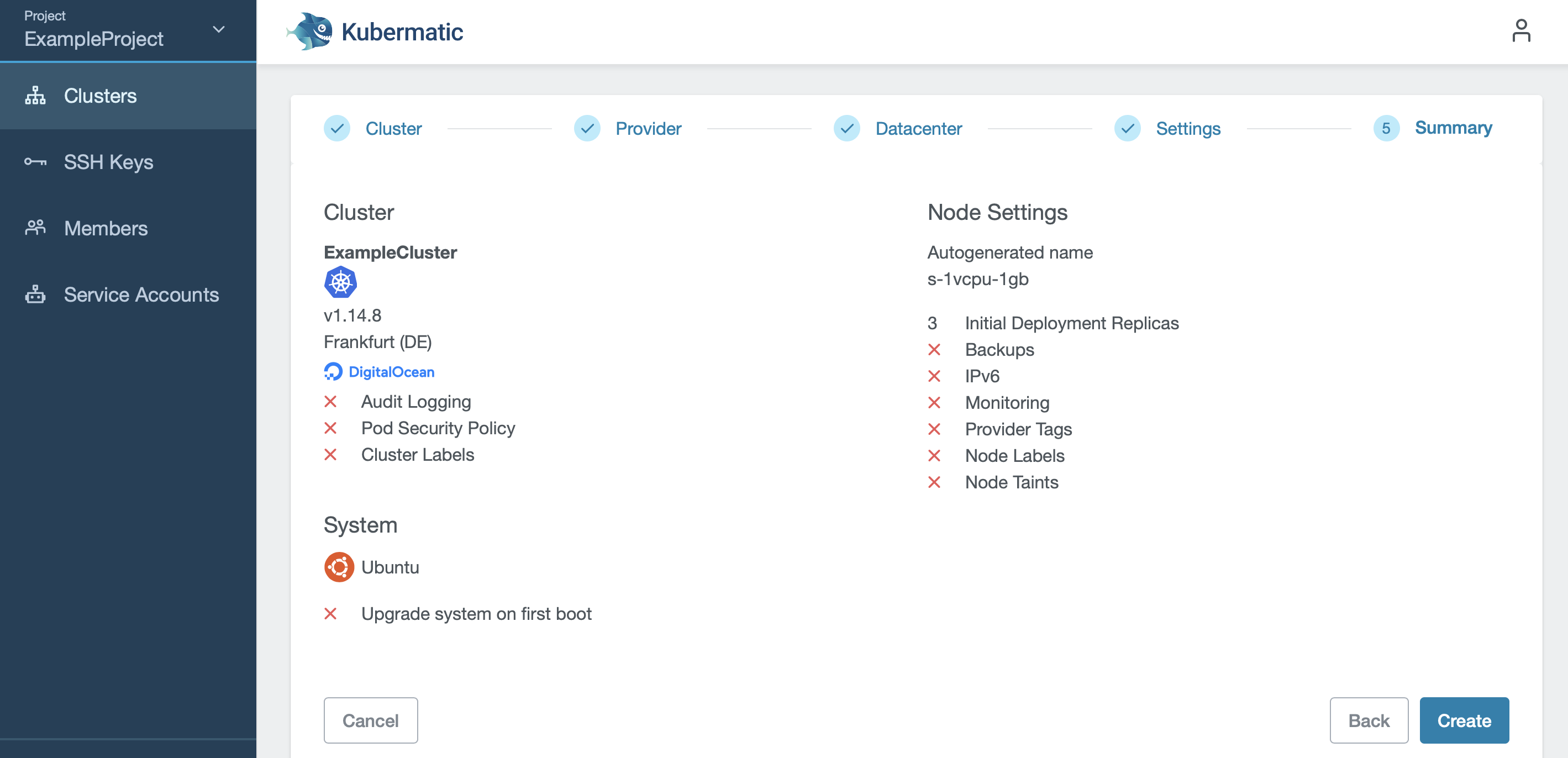 Cluster details in confirmation screen