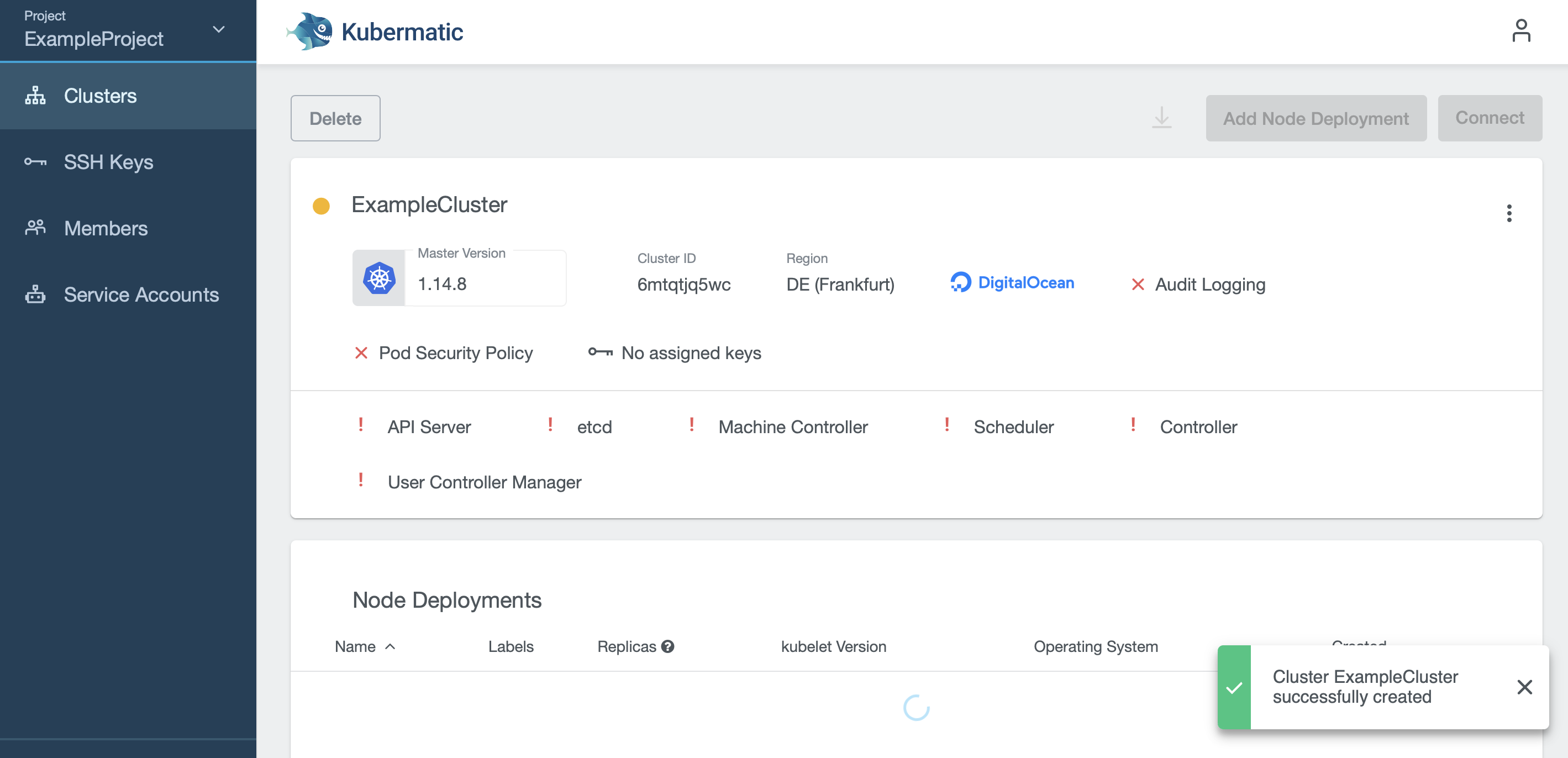 Cluster details in creation state