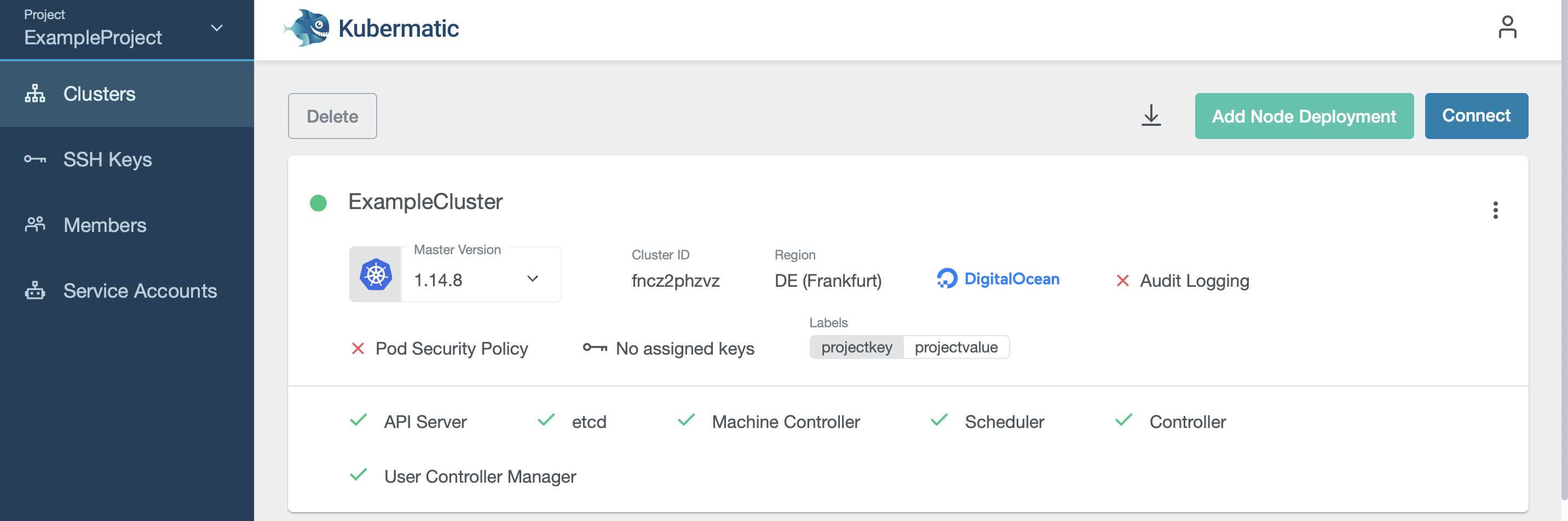Cluster deletion button in the top right corner