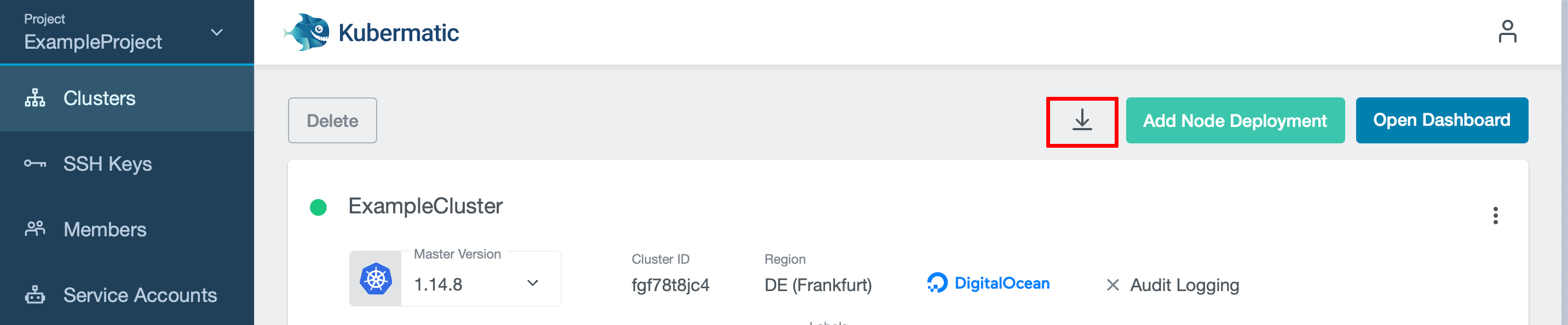 Download config button in the top right corner