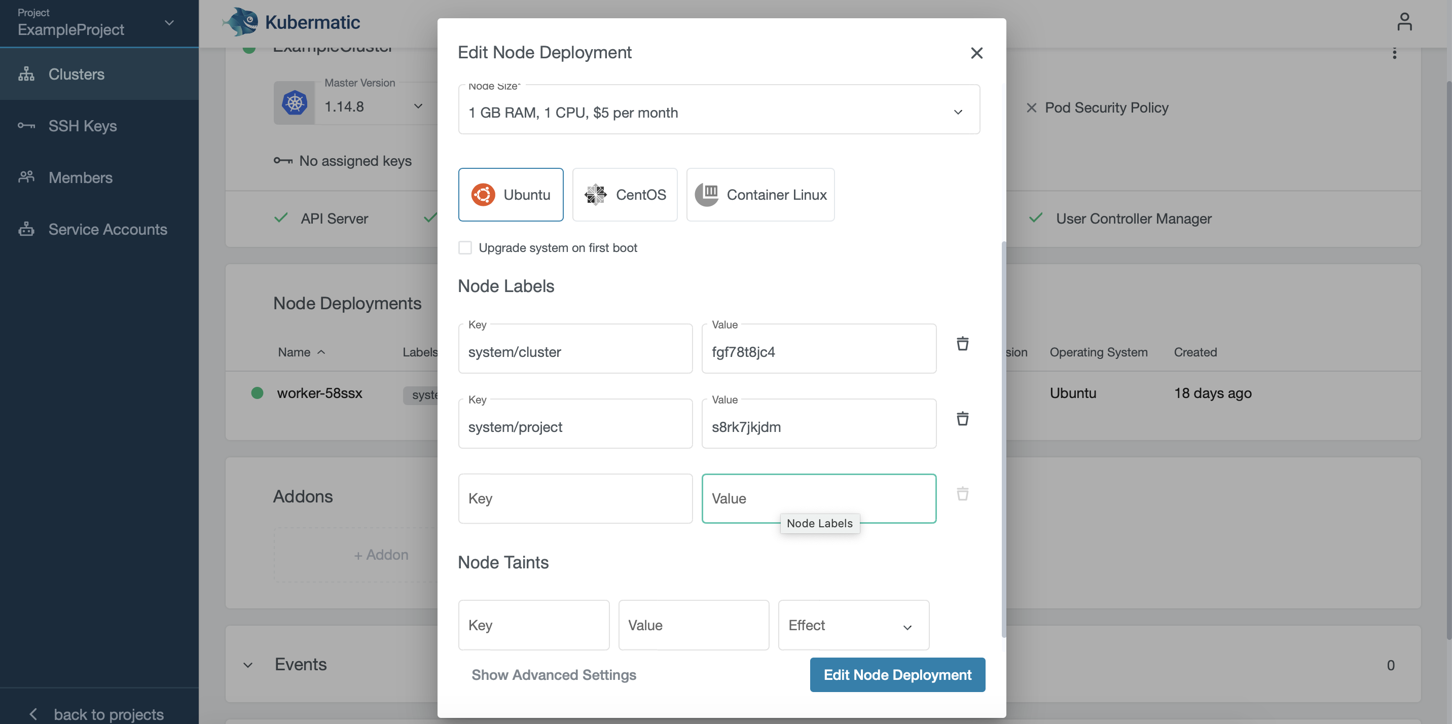 Node deployment overview with opened edit modal