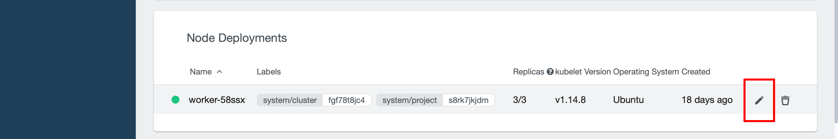 Node deployment overview with highlighted edit button