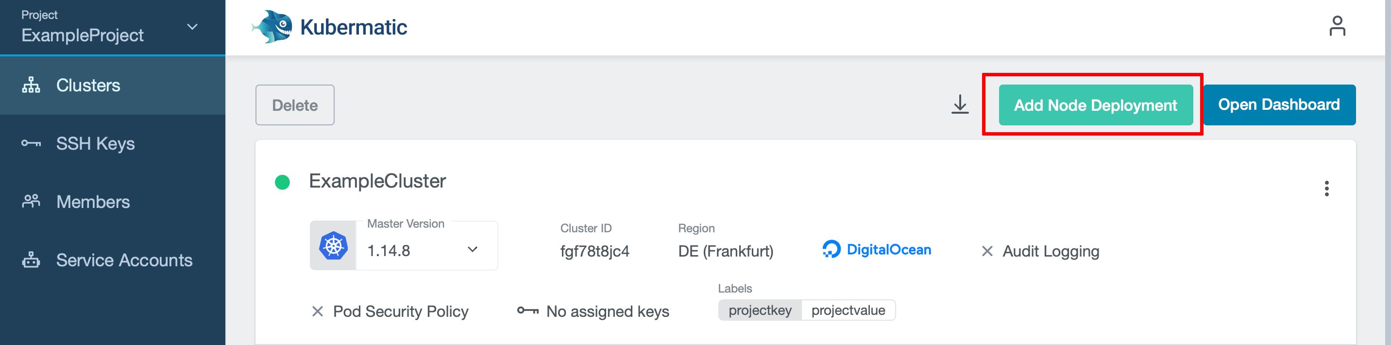 Cluster overview with highlighted add button