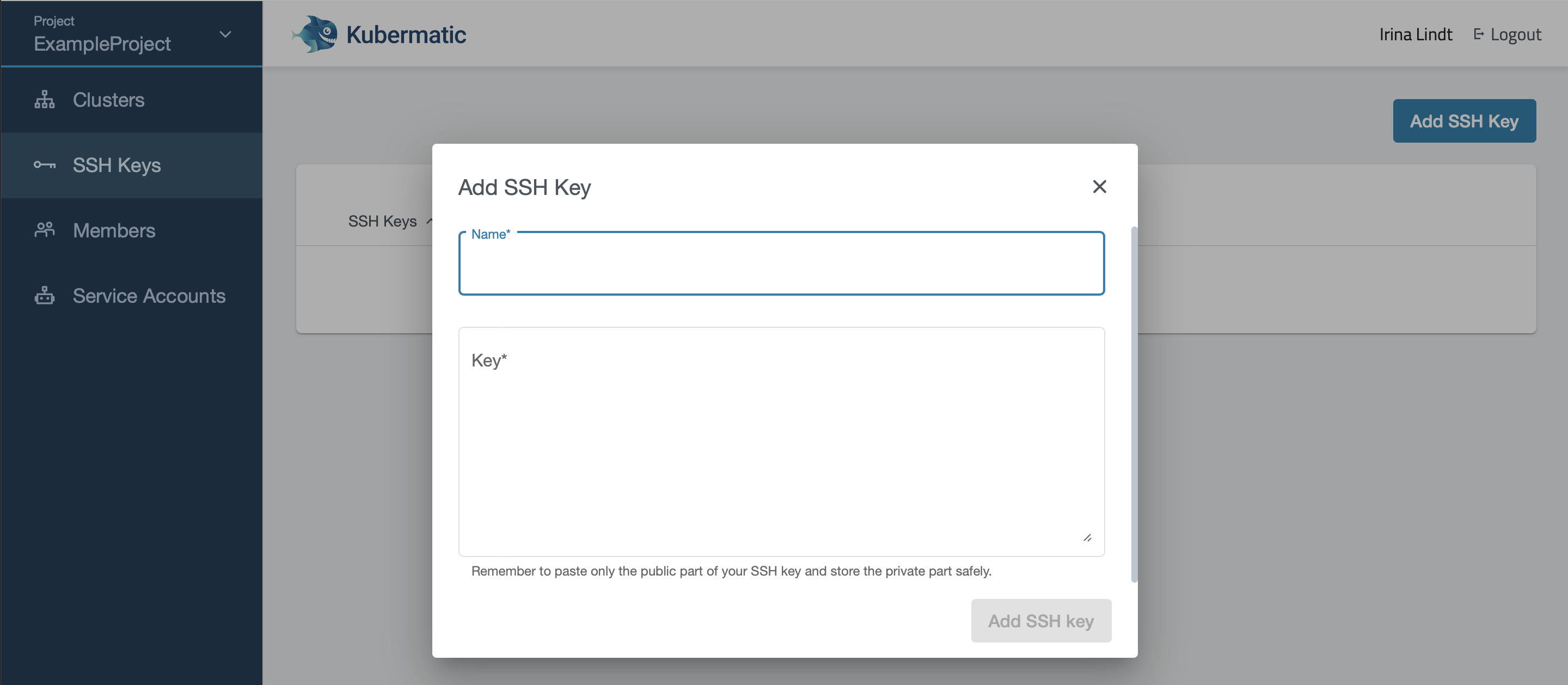 Dialog to add an SSH key