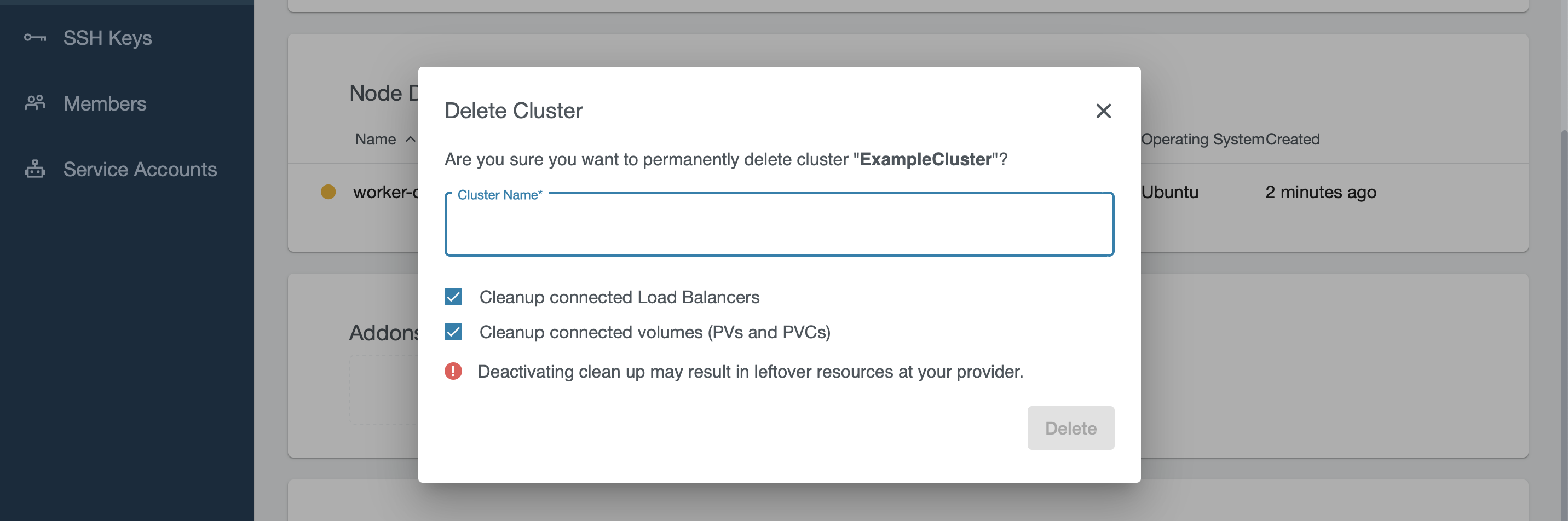 Confirmation dialog for the cluster deletion