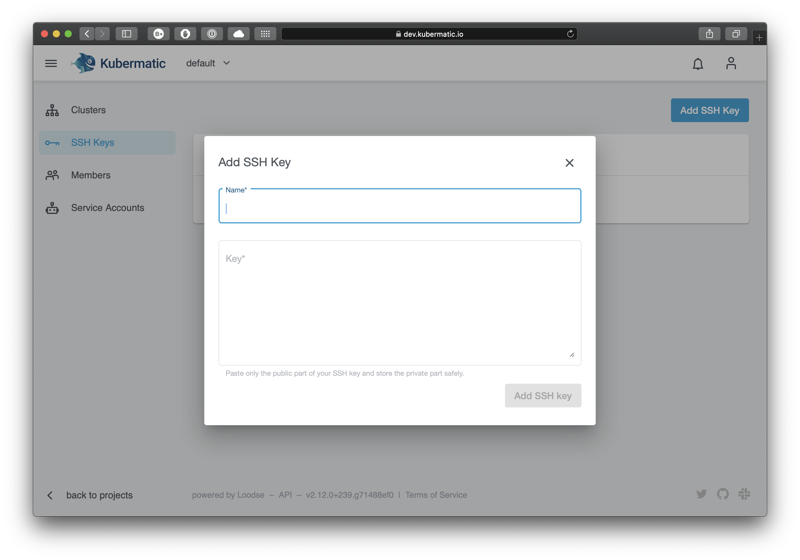 Dialog to add an SSH key