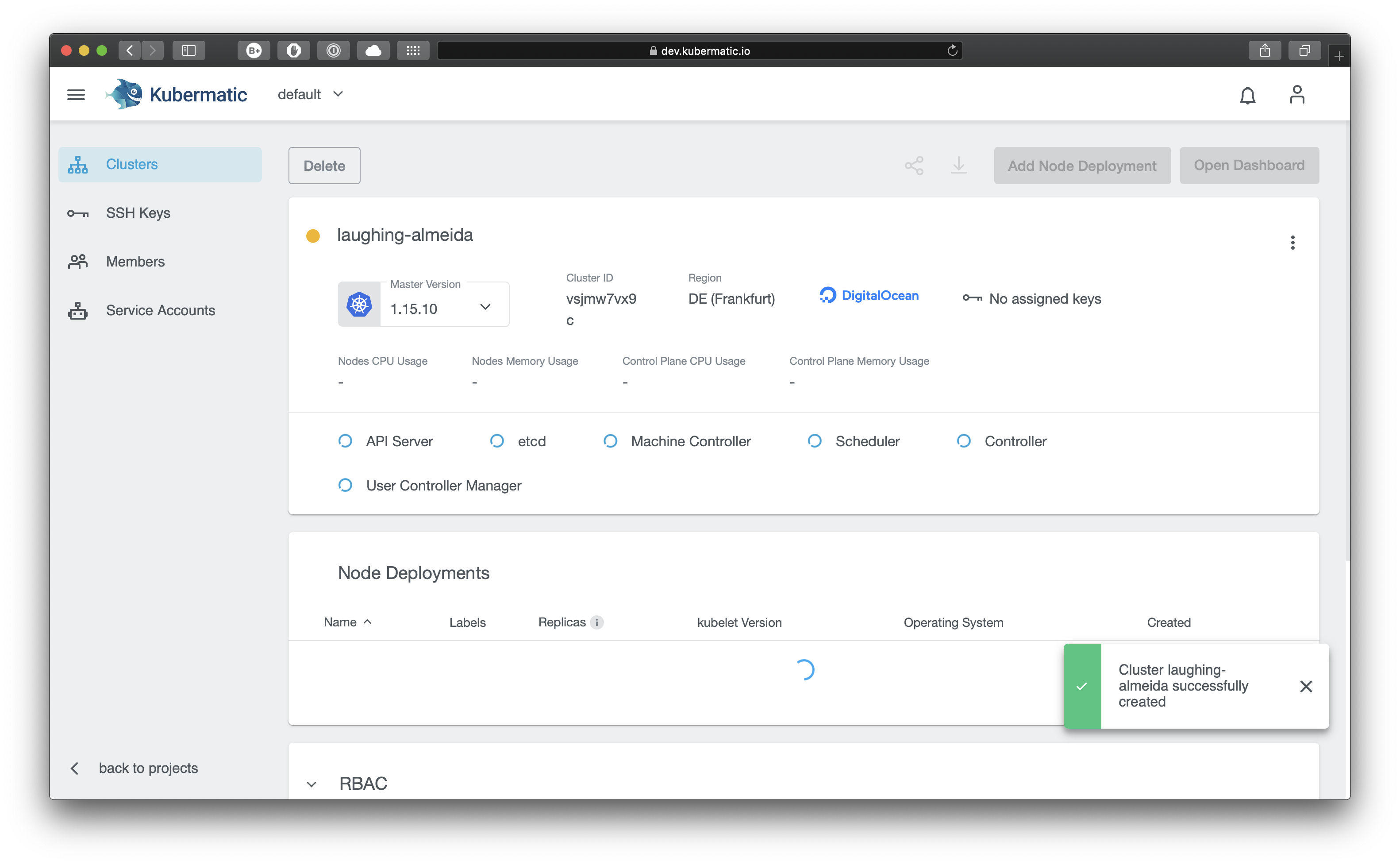 Cluster details in creation state