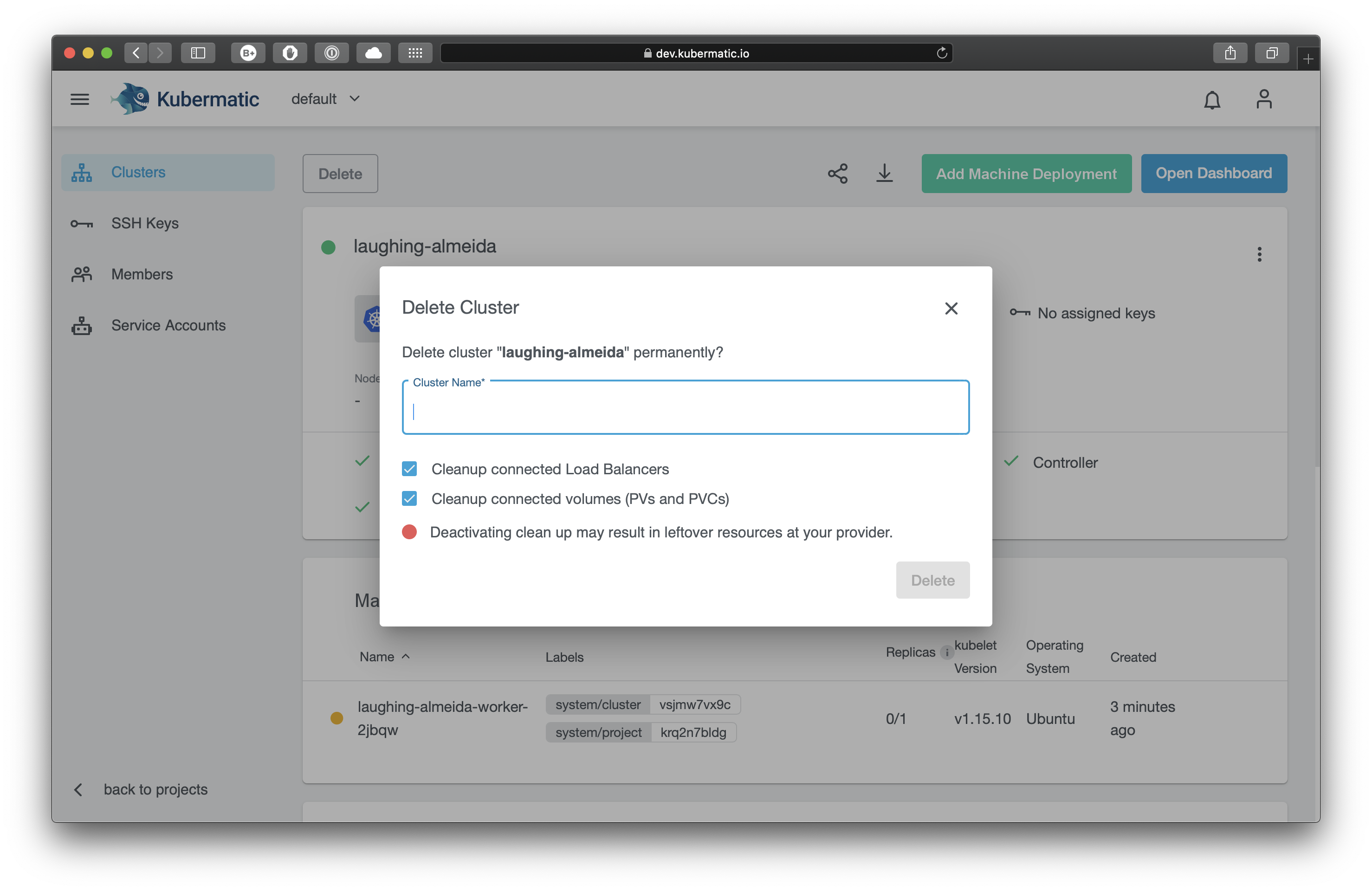 Confirmation dialog for the cluster deletion