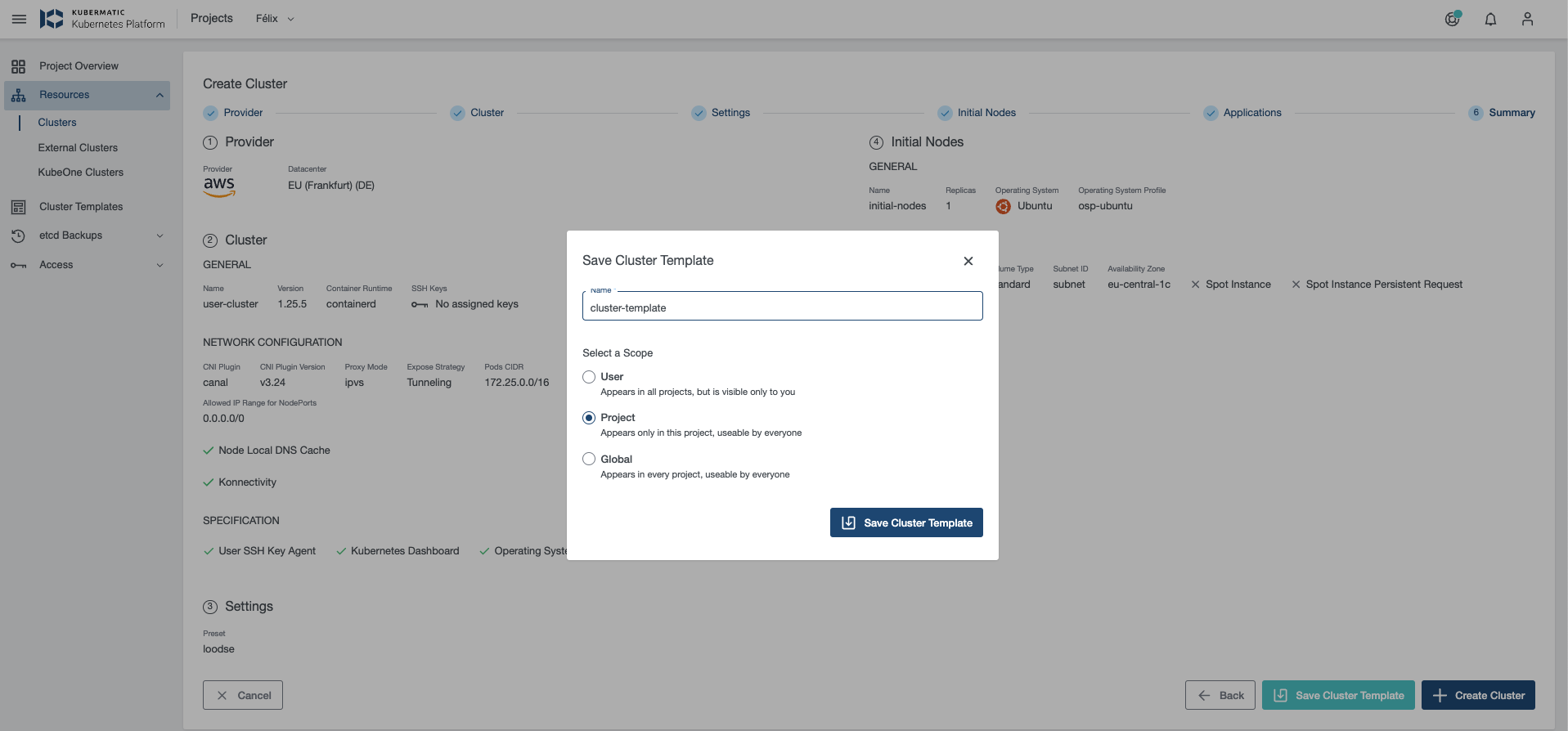 Cluster Template creation Create from cluster wizard