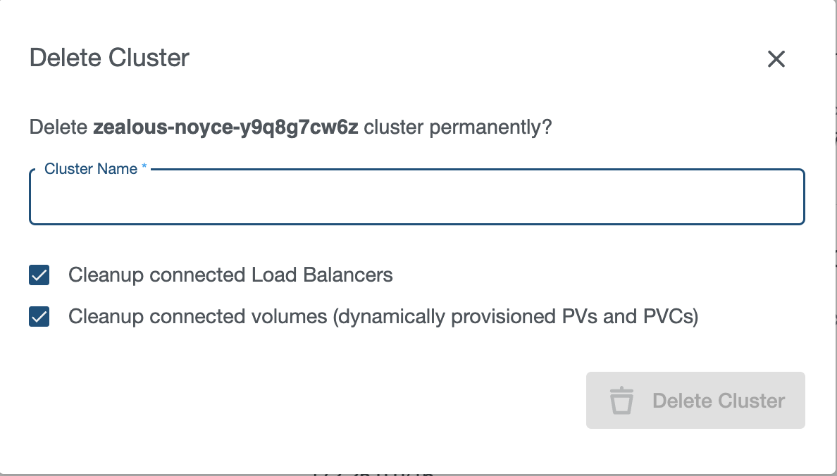Confirmation dialog for Cluster Deletion Confirmation dialog for Cluster Deletion