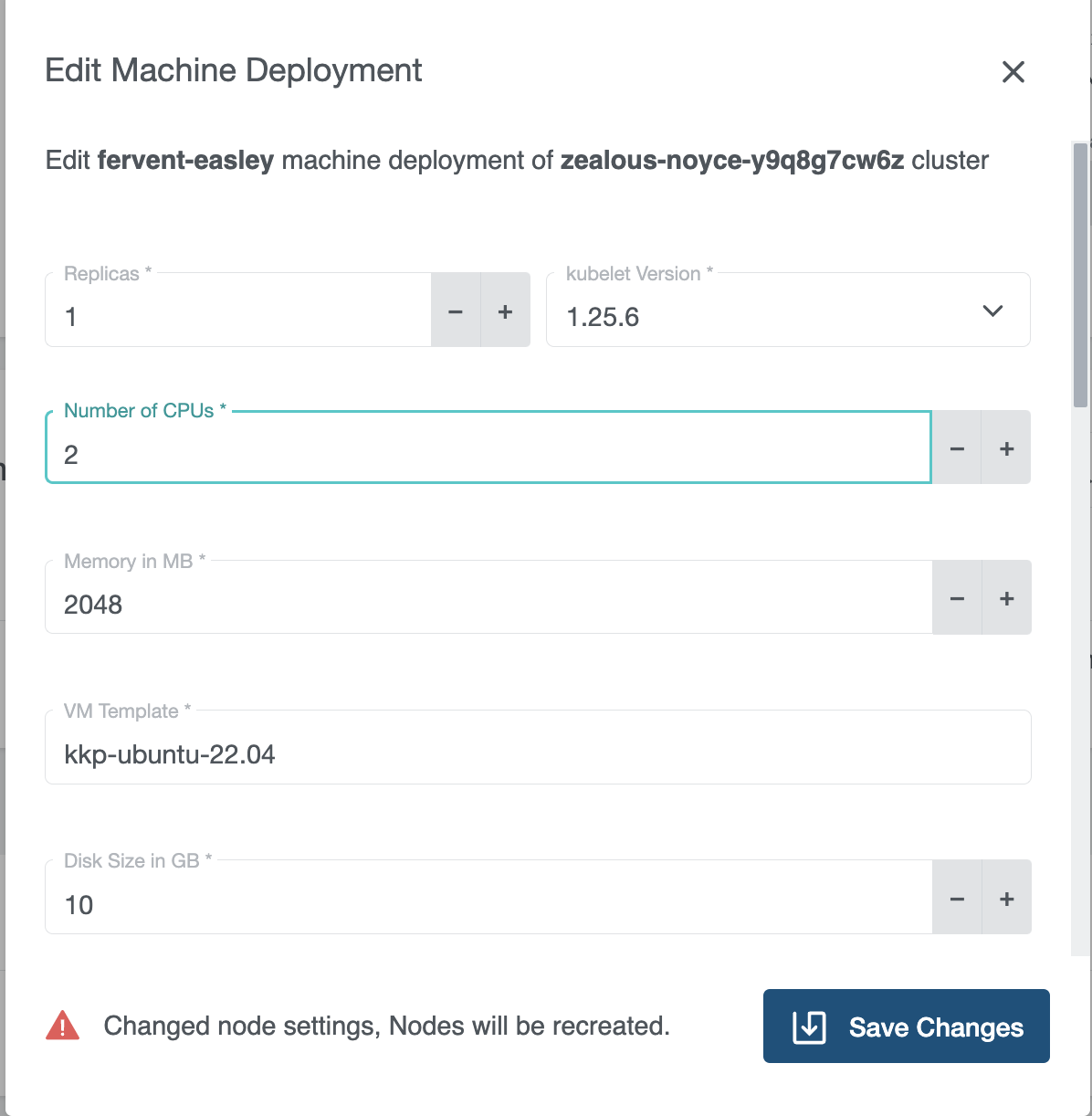 Machine deployment overview with opened edit modal Machine deployment overview with opened edit modal