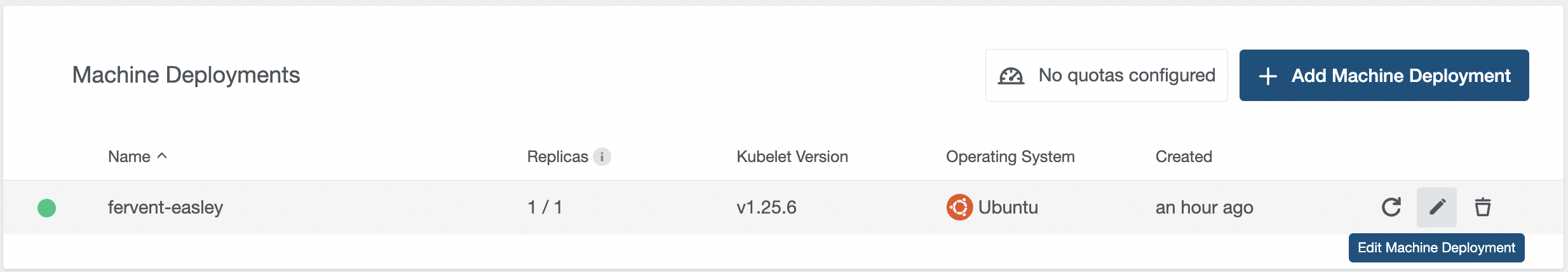 Machine deployment overview with highlighted edit button Machine deployment overview with highlighted edit button
