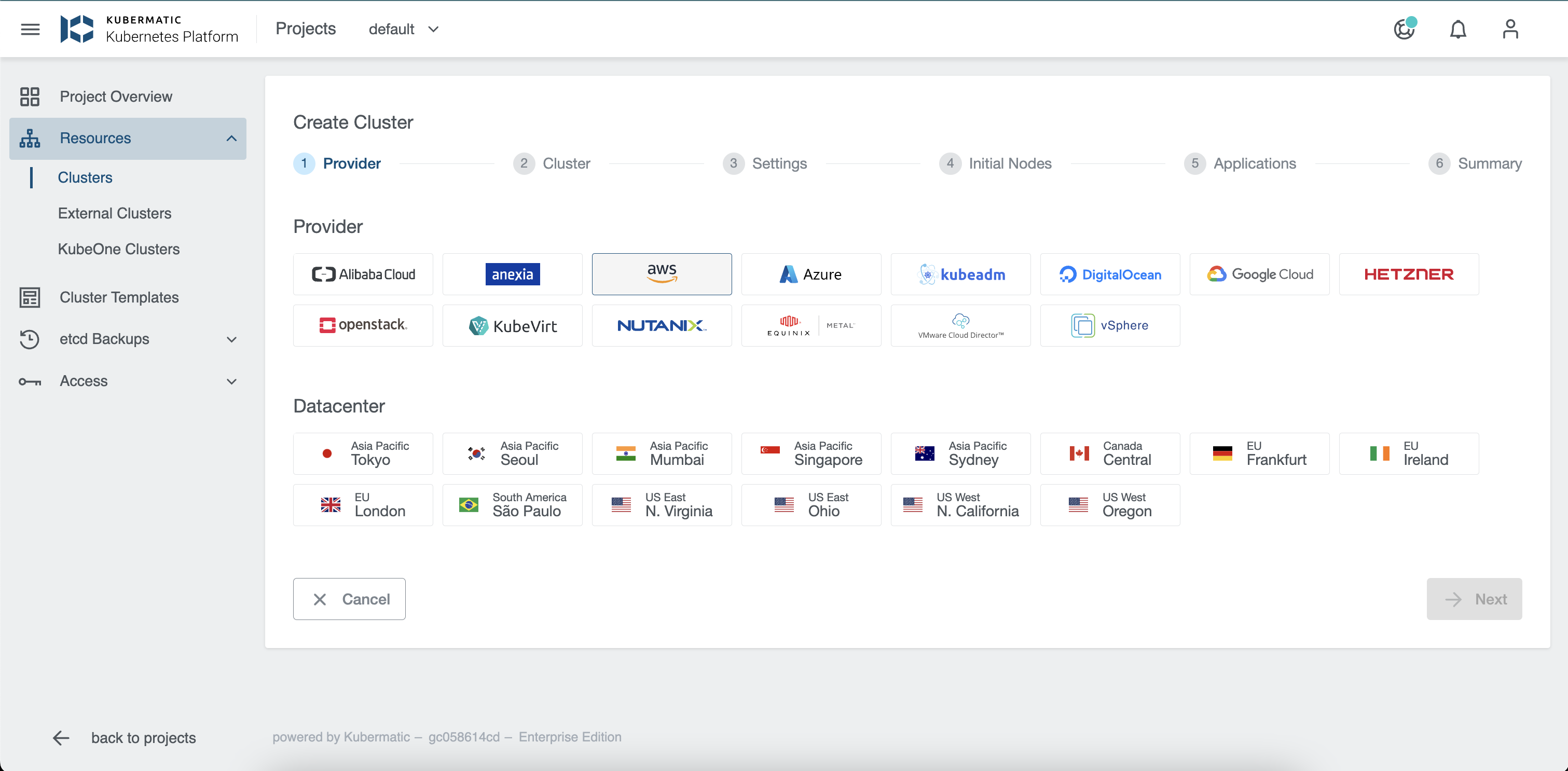 Menu to choose Cloud Provider Menu to choose Cloud Provider